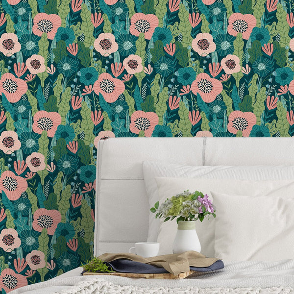 Greenery Pink Flowers Wallpaper CC202 - CostaCover - Peel and stick Removable Wallpaper - adhesive wallpaper - Backsplash panels - bathroom wallpaper