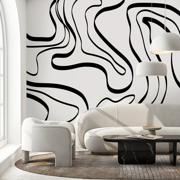 Black and white abstract wallpaper featuring oversized flowing curved lines and organic shapes for a bold modern minimalist living room interior.