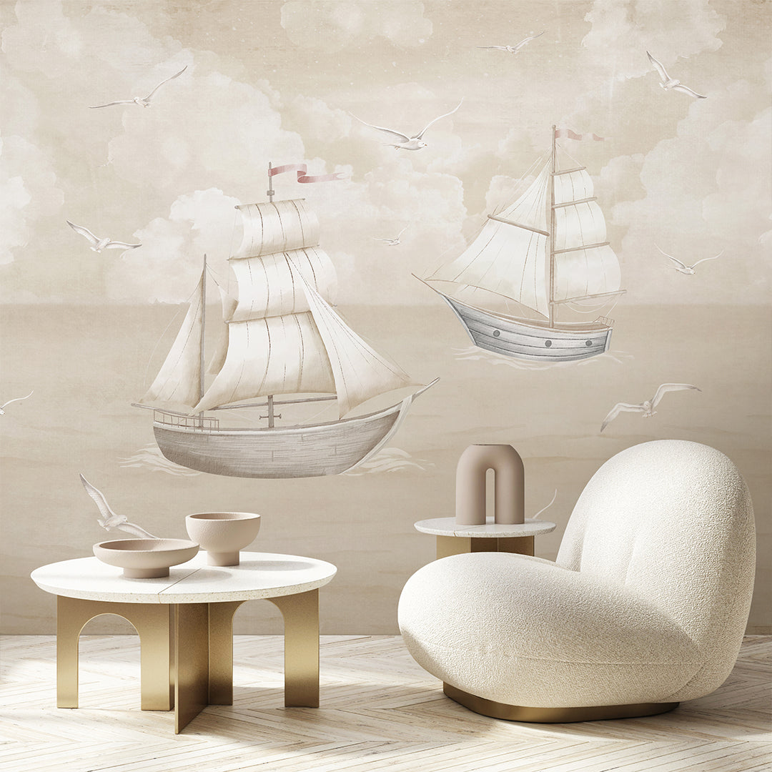 Vintage Beige Sailboats Wall Mural AM153