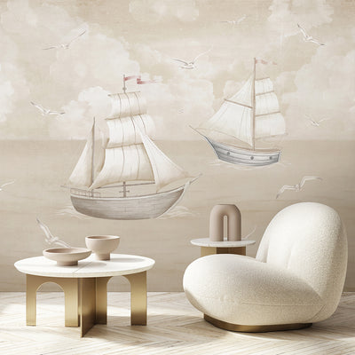 Vintage Beige Sailboats Wall Mural AM153