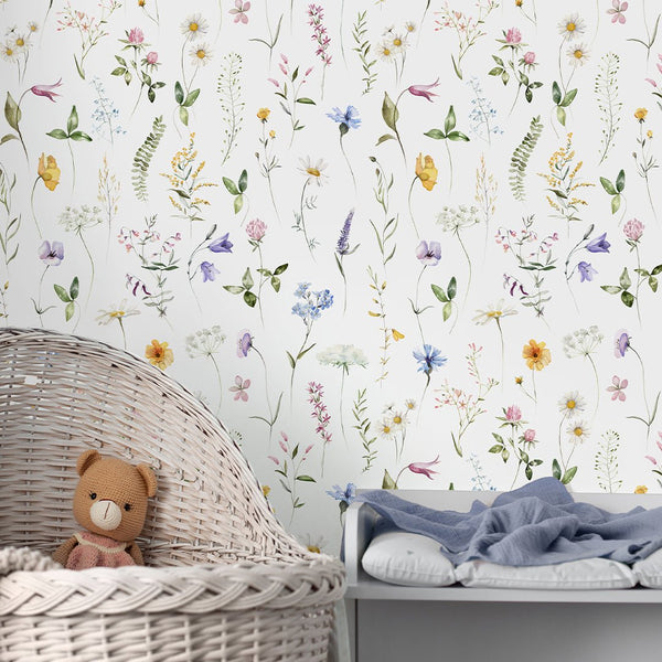 Colored Delicate Wildflowers Wallpaper S072 - CostaCover - Peel and stick Removable Wallpaper - accent wallpaper - adhesive wallpaper - baby bedroom