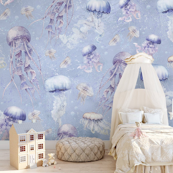 Blue Purple Jellyfish Wall Mural SM062 - CostaCover - Peel and stick Removable Wallpaper - accent wallpaper - adhesive wallpaper - baby bedroom