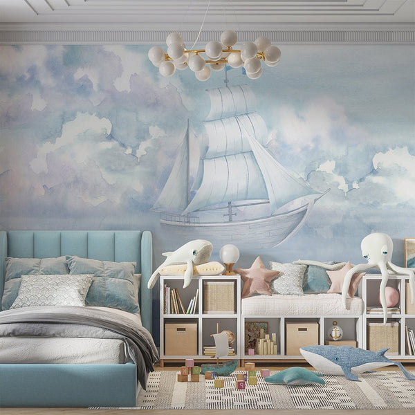 Sailboat & Cloudy Sky Wall Mural AM155 - CostaCover-Peel and stick Removable Wallpaper-accent wallpaper-adhesive wallpaper-baby bedroom