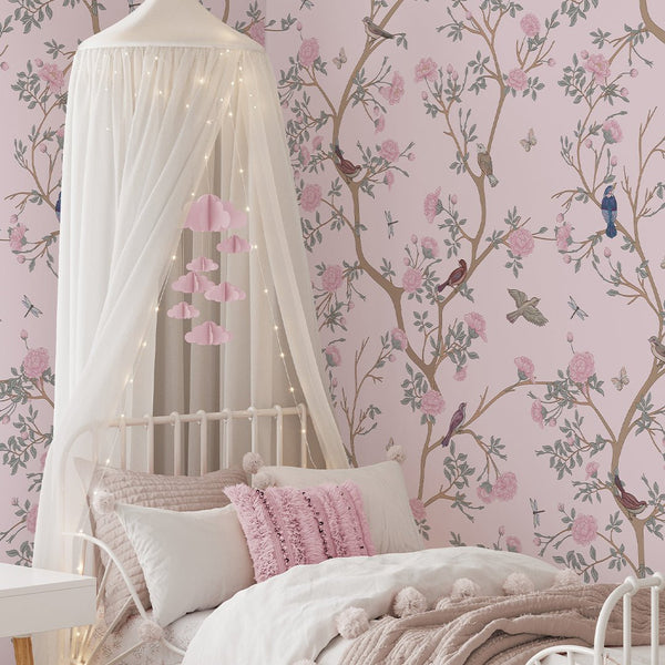 Pink Blossom Trees & Birds Wallpaper W059 - CostaCover - Peel and stick Removable Wallpaper - accent wallpaper - adhesive wallpaper - baby bedroom