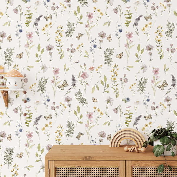 Wild Flowers wallpaper with delicate wildflower sprigs and butterflies on cream ground, ideal for nursery or kids room decor.