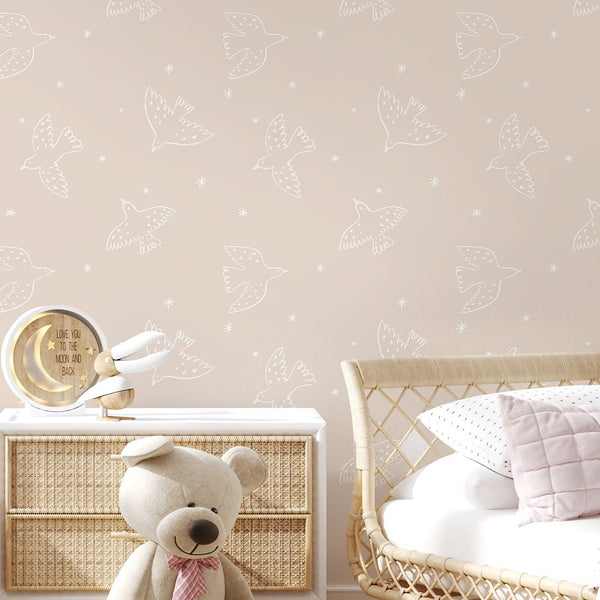 Beige White Birds Wallpaper S054 - CostaCover - Peel and stick Removable Wallpaper - abstract lines - abstract wall art - abstract wallpaper