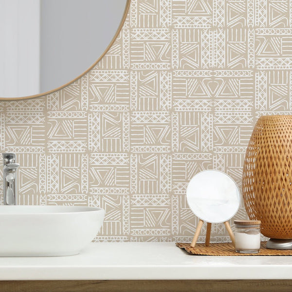 Beige African Symbols Wallpaper W165 - CostaCover - Peel and stick Removable Wallpaper - Abstract - abstract arches - Abstract Beige Gold Stripes Waves Removable Wallpaper near me