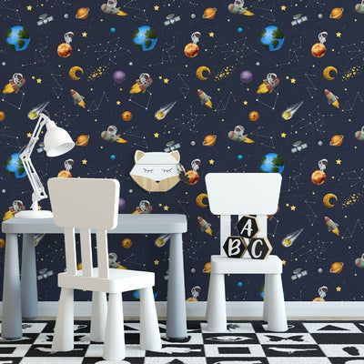 Dark Blue Space with Astronauts and Planets Self Adhesive Wallpaper W078