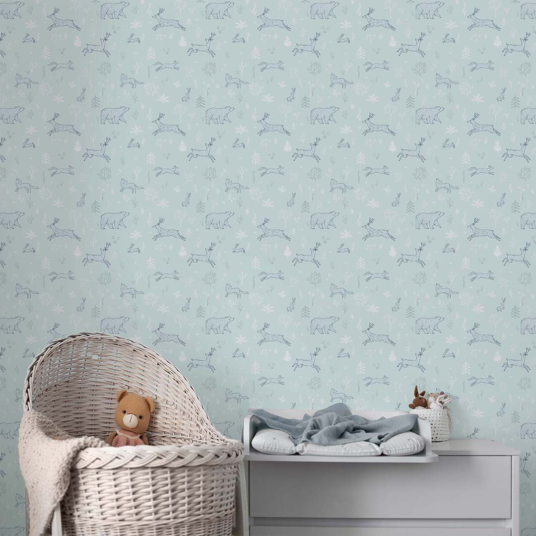 Mint Blue Forest Animals Wallpaper S038