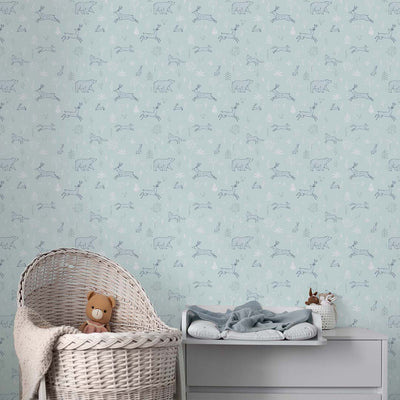 Mint Blue Forest Animals Wallpaper S038