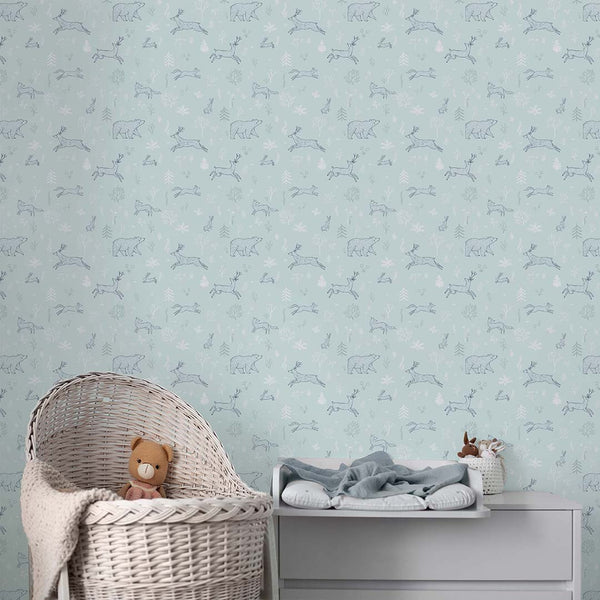 Mint Blue Forest Animals Wallpaper S038 - CostaCover - Peel and stick Removable Wallpaper - abstract forest - abstract wallpaper - accent wallpaper