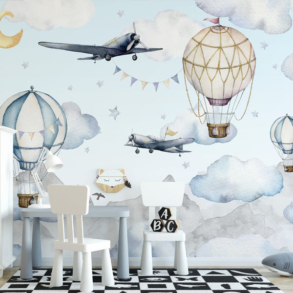 Air Balloons & Airplanes Wall Mural WM064 - CostaCover - Peel and stick Removable Wallpaper - accent wallpaper - adhesive wallpaper - air balloon
