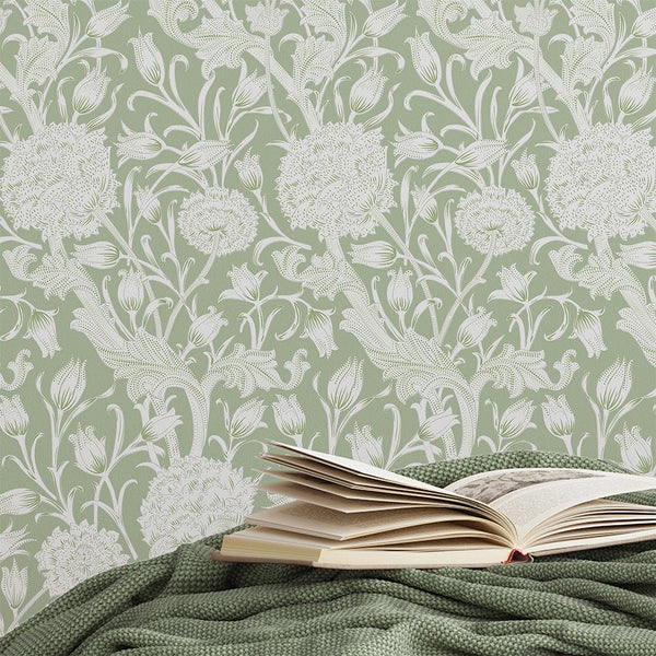 Green Beige Wild Tulip by Morris Wallpaper W111 - CostaCover - Peel and stick Removable Wallpaper - abstract floral - abstract wallpaper - accent wallpaper