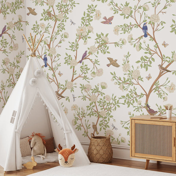 Green Trees & Birds Wall Mural WM032 - CostaCover - Peel and stick Removable Wallpaper - accent wallpaper - adhesive wallpaper - baby bedroom