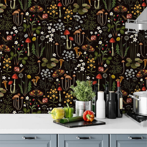 Dark Mushrooms Floral Wallpaper W145 - CostaCover - Peel and stick Removable Wallpaper - abstract floral - abstract mural - abstract wallpaper
