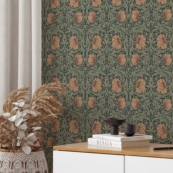 Orange & Green Pimpernel by Morris Wallpaper W081 - CostaCover - Peel and stick Removable Wallpaper - abstract floral - abstract wall art - abstract wallpaper