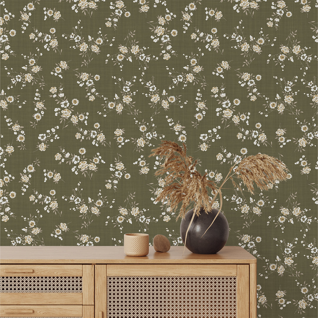 Olive Green Mini Floral Wallpaper W149