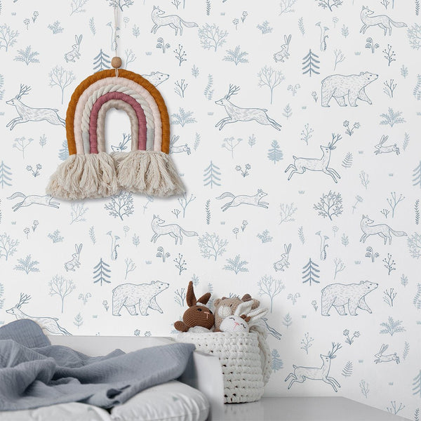 Blue Forest Animals Wallpaper S033 - CostaCover - Peel and stick Removable Wallpaper - abstract wall art - abstract wallpaper - accent wallpaper