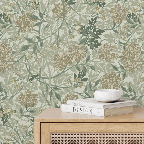 Olive Green Jasmine by Morris Wallpaper W108 - CostaCover - Peel and stick Removable Wallpaper - abstract floral - abstract wall art - abstract wallpaper