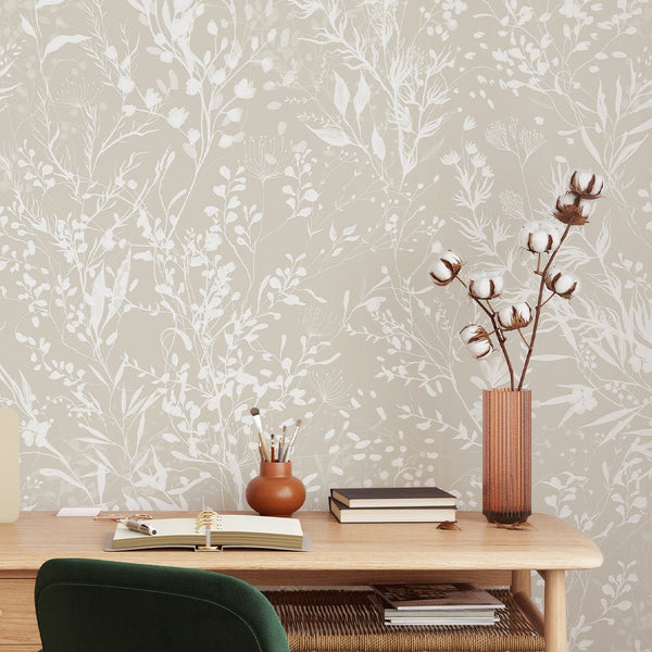 Beige & White Floral Wallpaper W050 - CostaCover - Peel and stick Removable Wallpaper - abstract floral - accent wallpaper - adhesive wallpaper