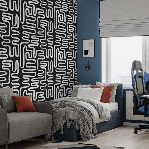 Black & White Boho Line Wallpaper W170 - CostaCover - Peel and stick Removable Wallpaper - Abstract - Abstract Labyrinth Lines - abstract lines
