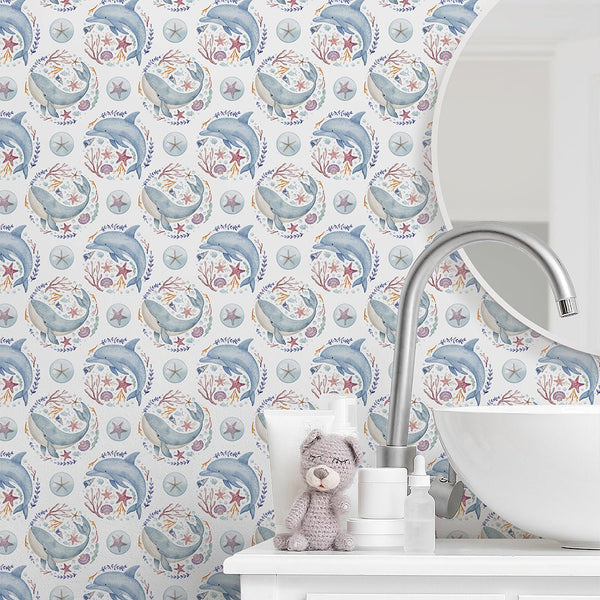 Blue Whale and Dolphin Wallpaper S093 - CostaCover - Peel and stick Removable Wallpaper - Abstract - abstract wall art - abstract wallpaper