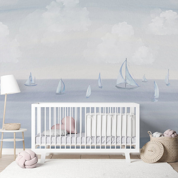 Pastel Blue Sailing Boats Wall Mural AM156 - CostaCover-Peel and stick Removable Wallpaper-accent wallpaper-adhesive wallpaper-baby bedroom