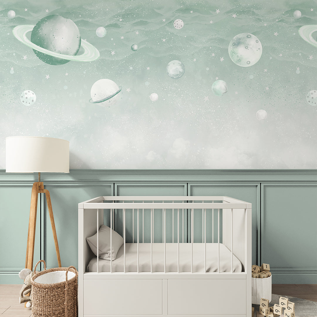 Light Green Planets in Space Wall Mural SM089