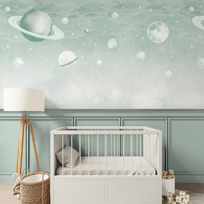 Light Green Planets in Space Wall Mural SM089
