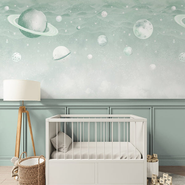 Light Green Planets in Space Wall Mural SM089 - CostaCover - Peel and stick Removable Wallpaper - accent wallpaper - adhesive wallpaper - baby bedroom