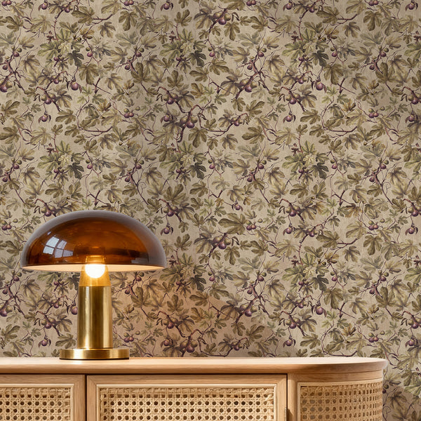 Rustic farmhouse wallpaper with a vintage fruit tree illustration, twisting brown branches, sage olive foliage and purple figs on warm neutral beige.