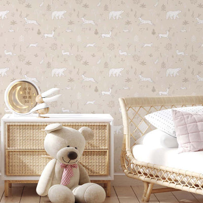 Beige White Forest Animals Wallpaper S037