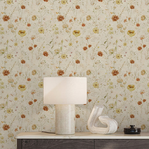 Beige floral wallpaper with airy wildflower stems and soft watercolor blooms, creating a romantic cottagecore look for bedrooms, nurseries and living rooms.