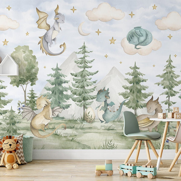 Dragons in Forest Wall Mural SM037 - CostaCover - Peel and stick Removable Wallpaper - accent wallpaper - adhesive wallpaper - baby bedroom