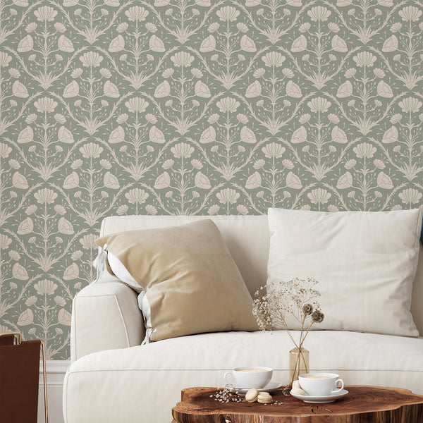 Sage Green Vintage Floral Wallpaper with stylized flower motifs, perfect for cottagecore living rooms.