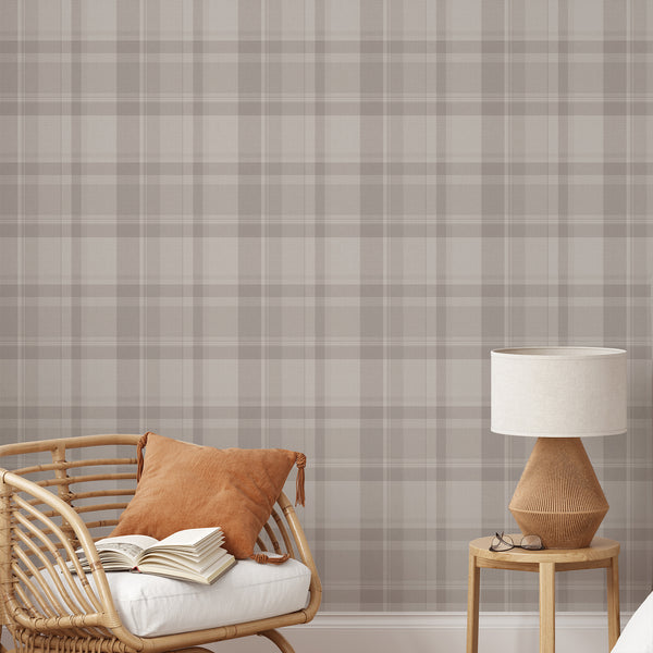 Taupe and beige plaid wallpaper featuring a vintage tartan check pattern with subtle woven texture, perfect for a cozy English country cottage bedroom.
