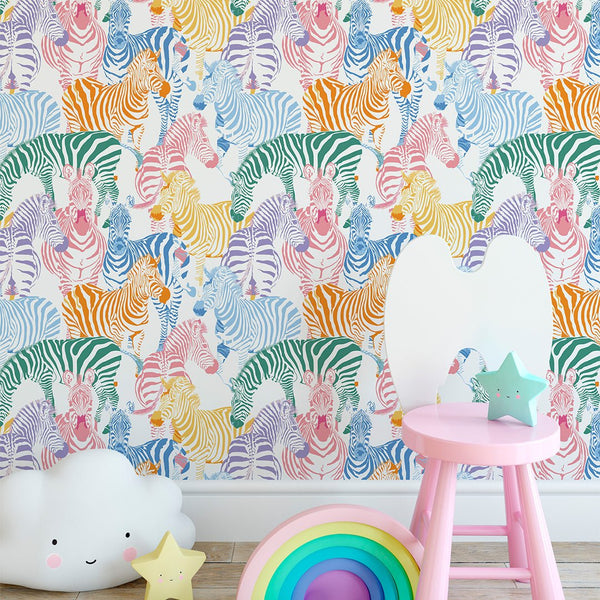 Colorful Zebra Wallpaper CC291 - CostaCover - Peel and stick Removable Wallpaper - abstract wallpaper - accent wallpaper - adhesive wallpaper