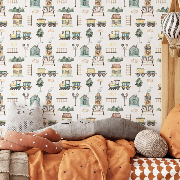 Cartoon Train Railroad Wallpaper CC293 - CostaCover - Peel and stick Removable Wallpaper - adhesive wallpaper - baby bedroom - bedroom interior