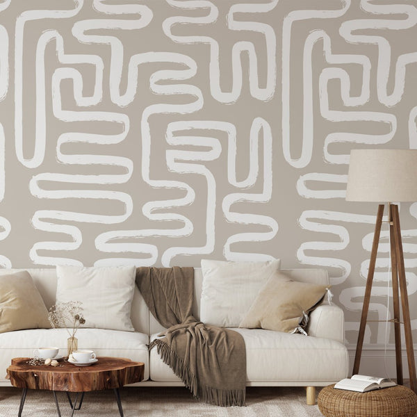 Boho Beige & White Line Wallpaper W044 - CostaCover - Peel and stick Removable Wallpaper - Abstract - abstract lines - abstract wall art