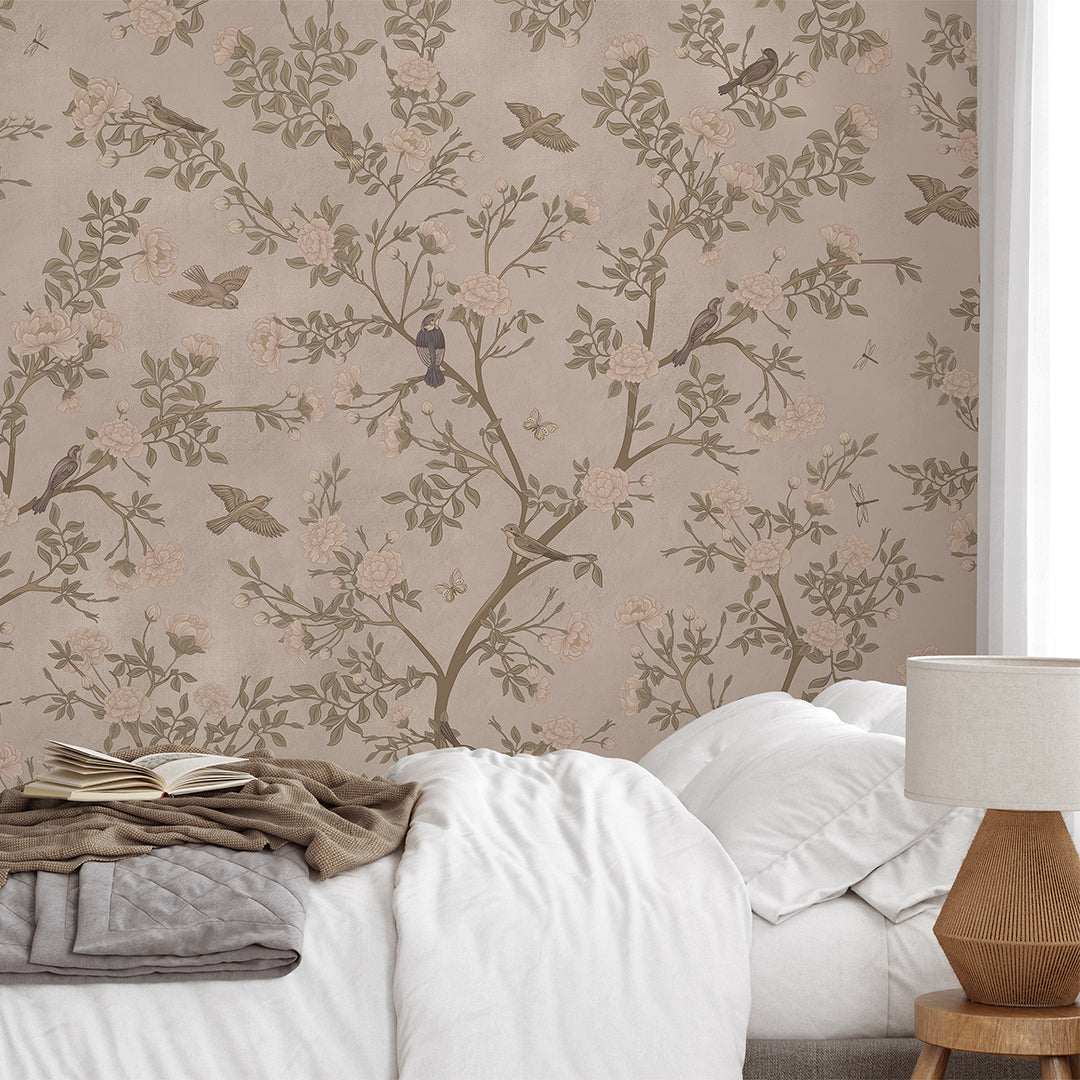 Beige Blossom Trees, Flowers and Birds Self Adhesive Wall Mural WM034