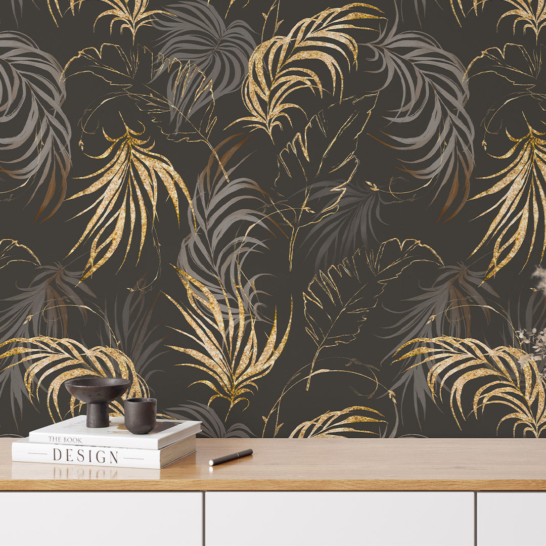 Brown & Gold Palm Leaves Wallpaper W134