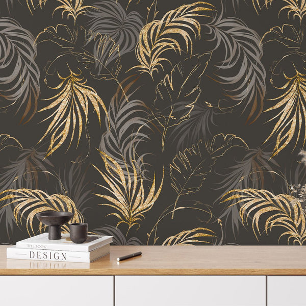 Brown & Gold Palm Leaves Wallpaper W134 - CostaCover - Peel and stick Removable Wallpaper - Abstract Beige Gold Stripes Waves Removable Wallpaper near me - abstract wall art - abstract wallpaper
