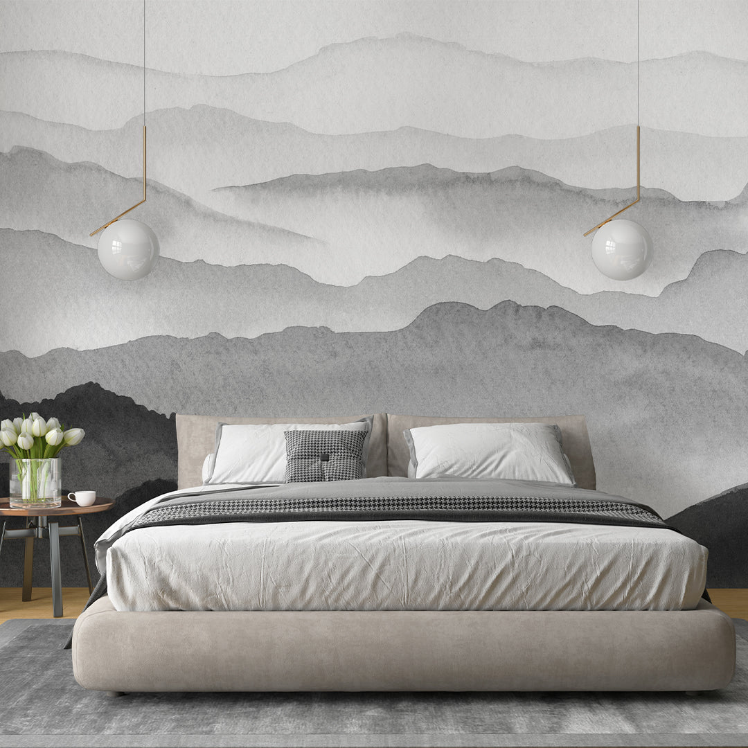 Gray Watercolor Mountains Wall Mural with abstract landscape shapes