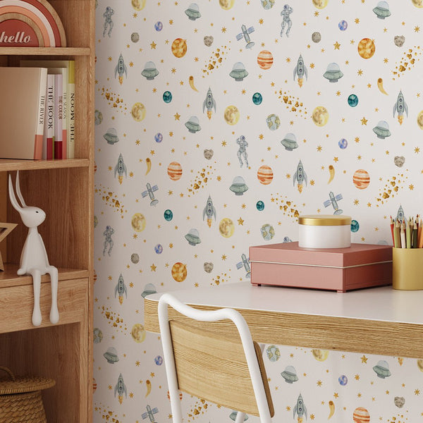 Watercolor Space Wallpaper W079 - CostaCover - Peel and stick Removable Wallpaper - adhesive wallpaper - Aqua blue wallpaper - astronaut