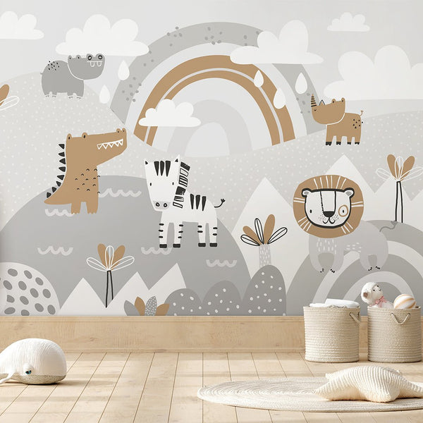 Gray Beige African Animals Wall Mural AM108 - CostaCover - Peel and stick Removable Wallpaper - accent wallpaper - adhesive wallpaper - africa