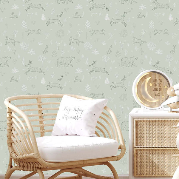 Pale Green Forest Animals Wallpaper S039 - CostaCover - Peel and stick Removable Wallpaper - abstract forest - accent wallpaper - adhesive wallpaper