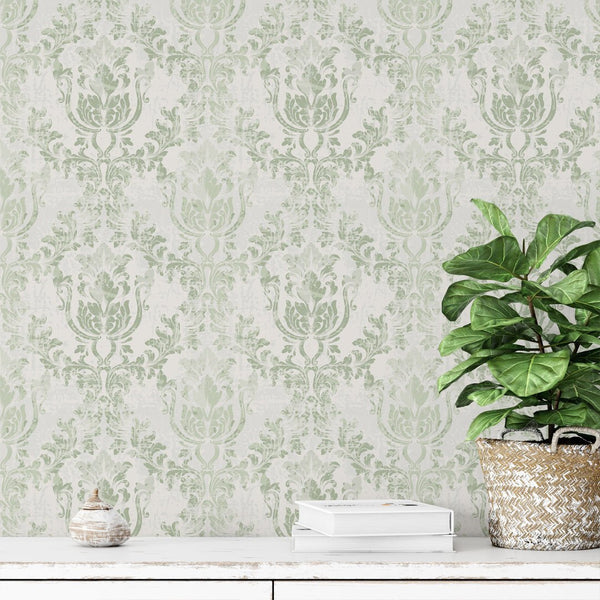 Green Victorian Rococo wallpaper with sage scrolls and rococo cartouches. Perfect for adding elegance to a romantic bedroom.