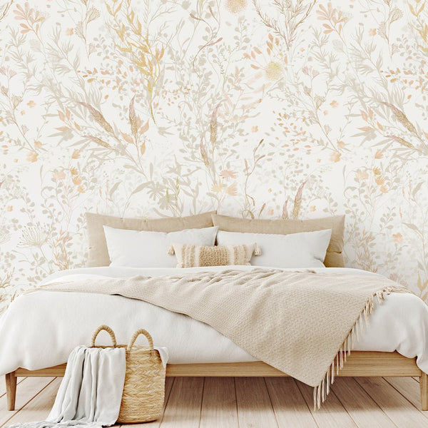 Beige & Gold Floral Wallpaper W052 - CostaCover - Peel and stick Removable Wallpaper - accent wallpaper - adhesive wallpaper - baby bedroom