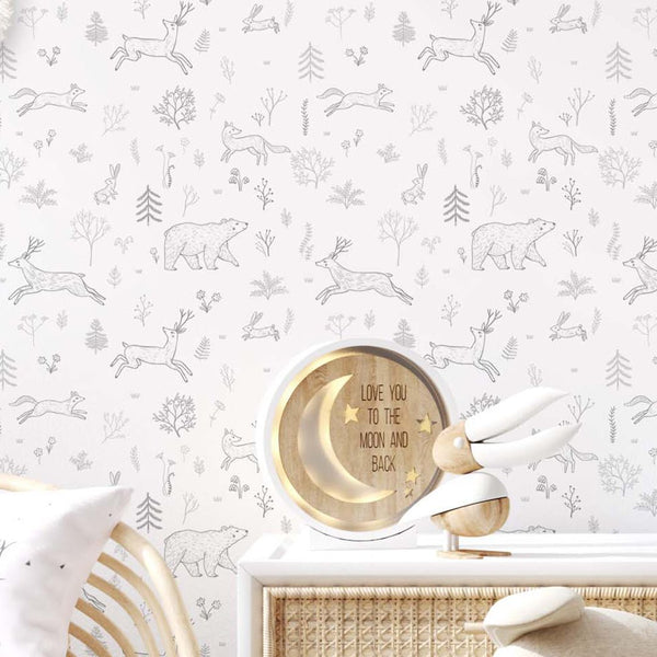 Gray Forest Animals Wallpaper S034 - CostaCover - Peel and stick Removable Wallpaper - abstract forest - abstract lines - accent wallpaper