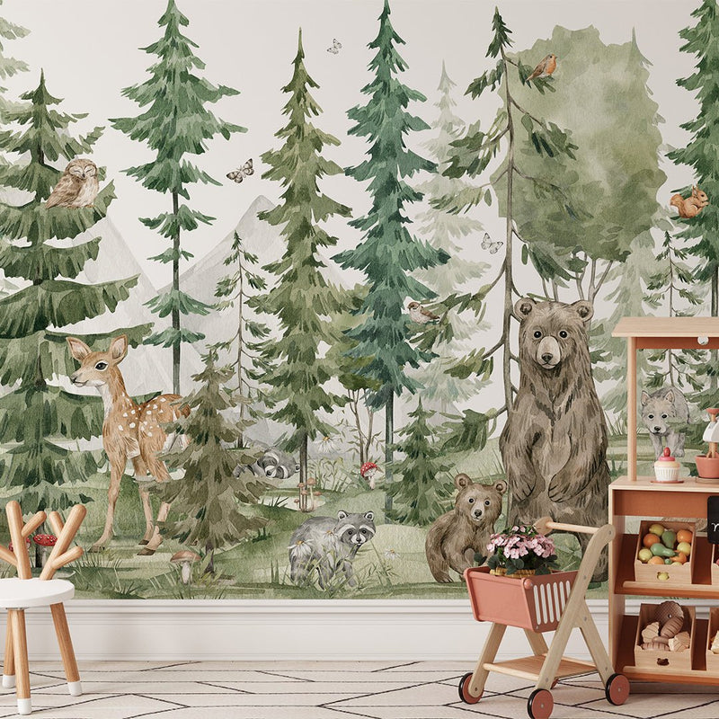 Wild Animals in Forest Wall Mural WM056 - CostaCover - Peel and stick Removable Wallpaper - accent wallpaper - adhesive wallpaper - animal print